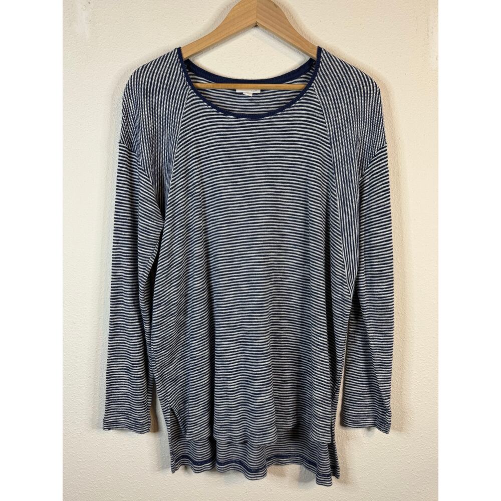 J.Jill Navy White Stripe Long Sleeve Pullover Waffle Knit Swing Top Blouse LARGE